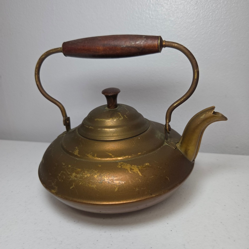 Vintage Revere Ware Copper Tea‎ Kettle Brass Handle Wood Grip 6 Cup 8X6